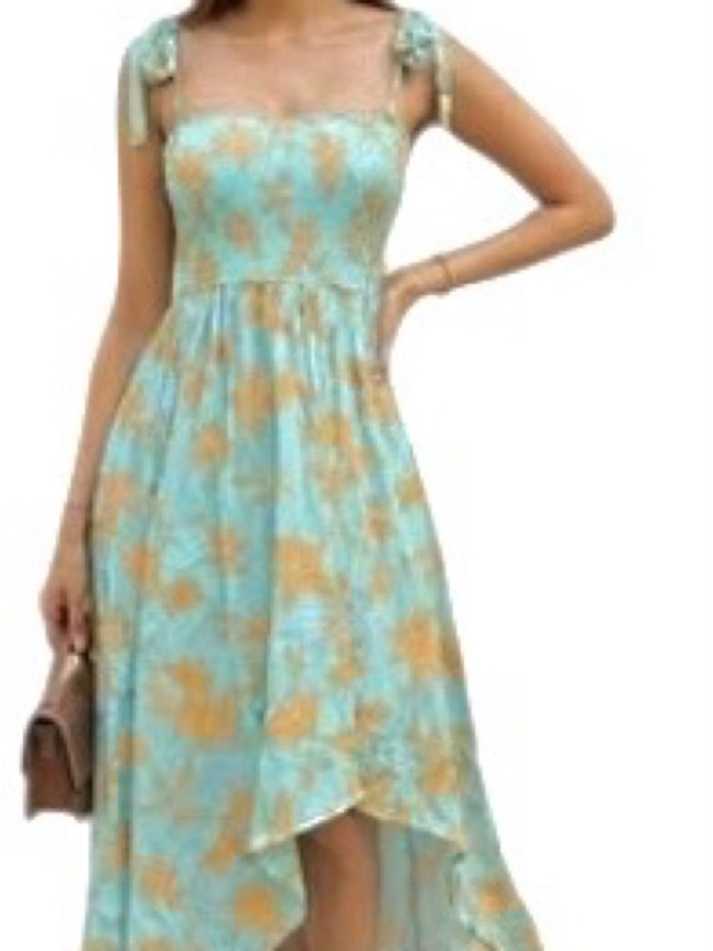 Zesica Floral Aqua & Orange High-Low Tie-Shoulder Dress LARGE